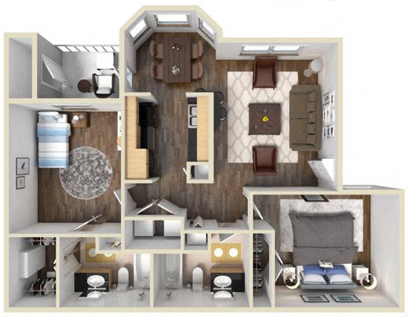 Floor plan for 2 beds, 2 baths, 882 sqft